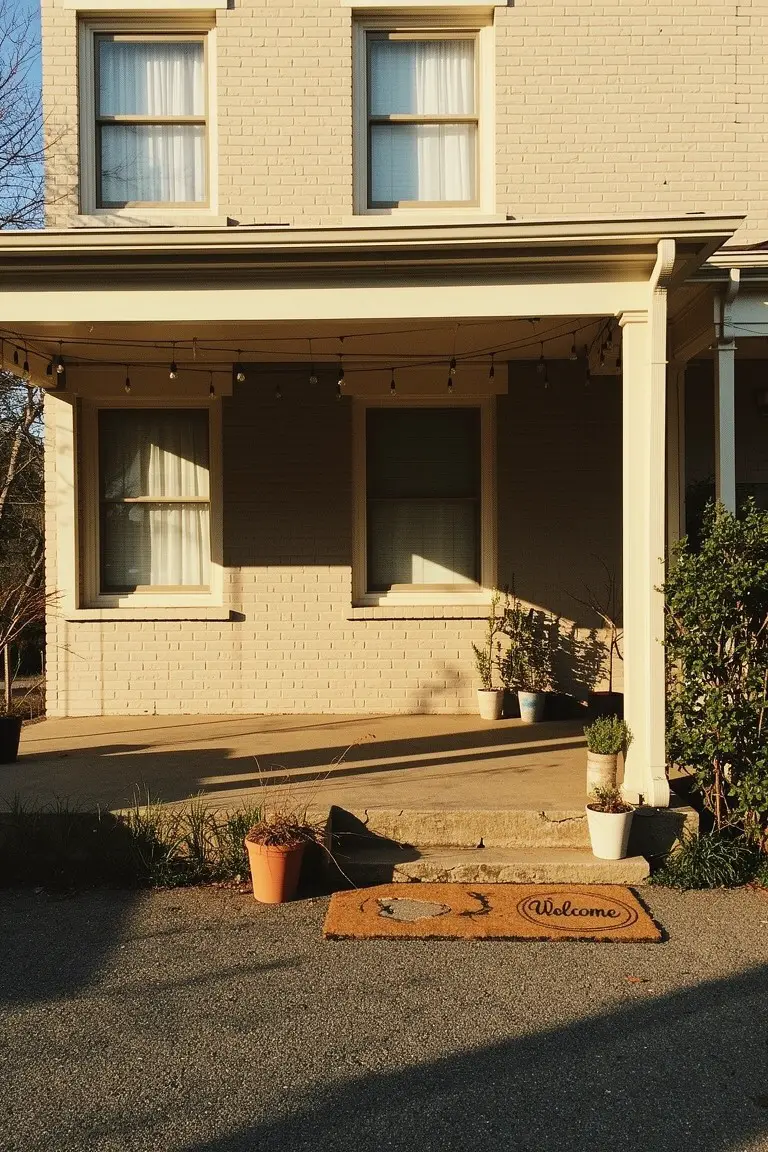 Warm beige brick house with covered porch, potted plants, and welcome mat on driveway