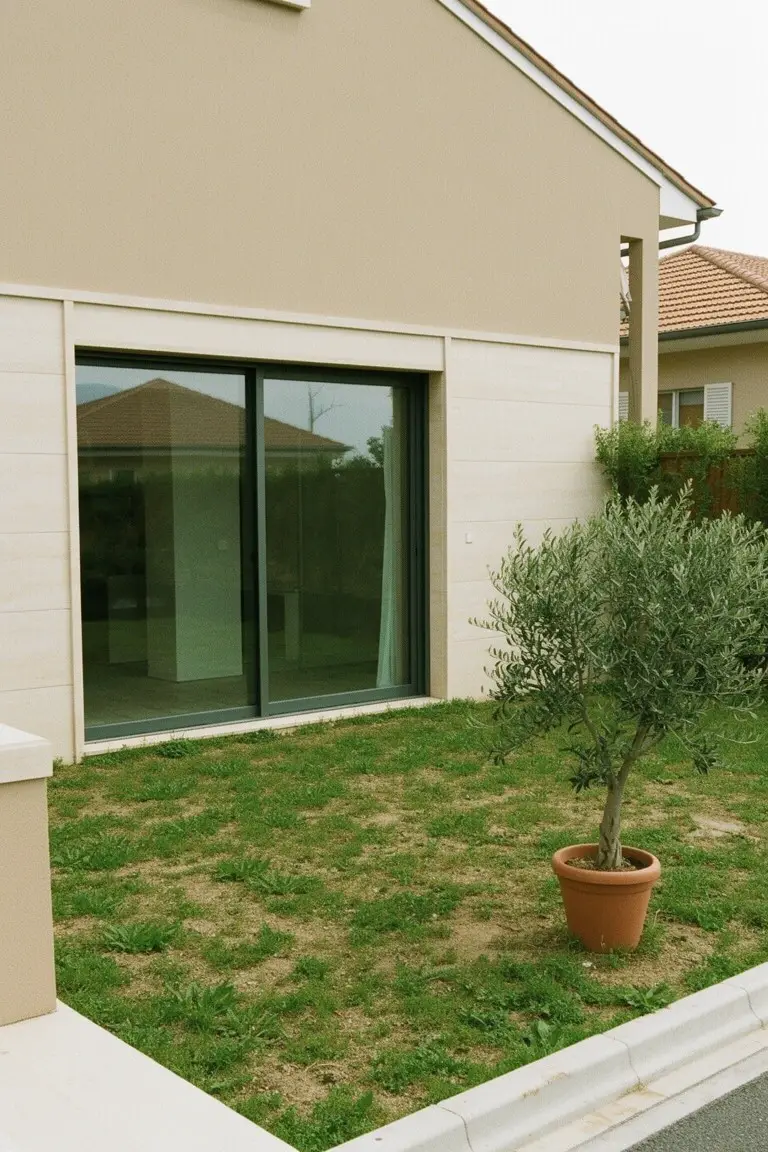 Warm beige house exterior with large glass sliding doors, potted olive tree, and green lawn