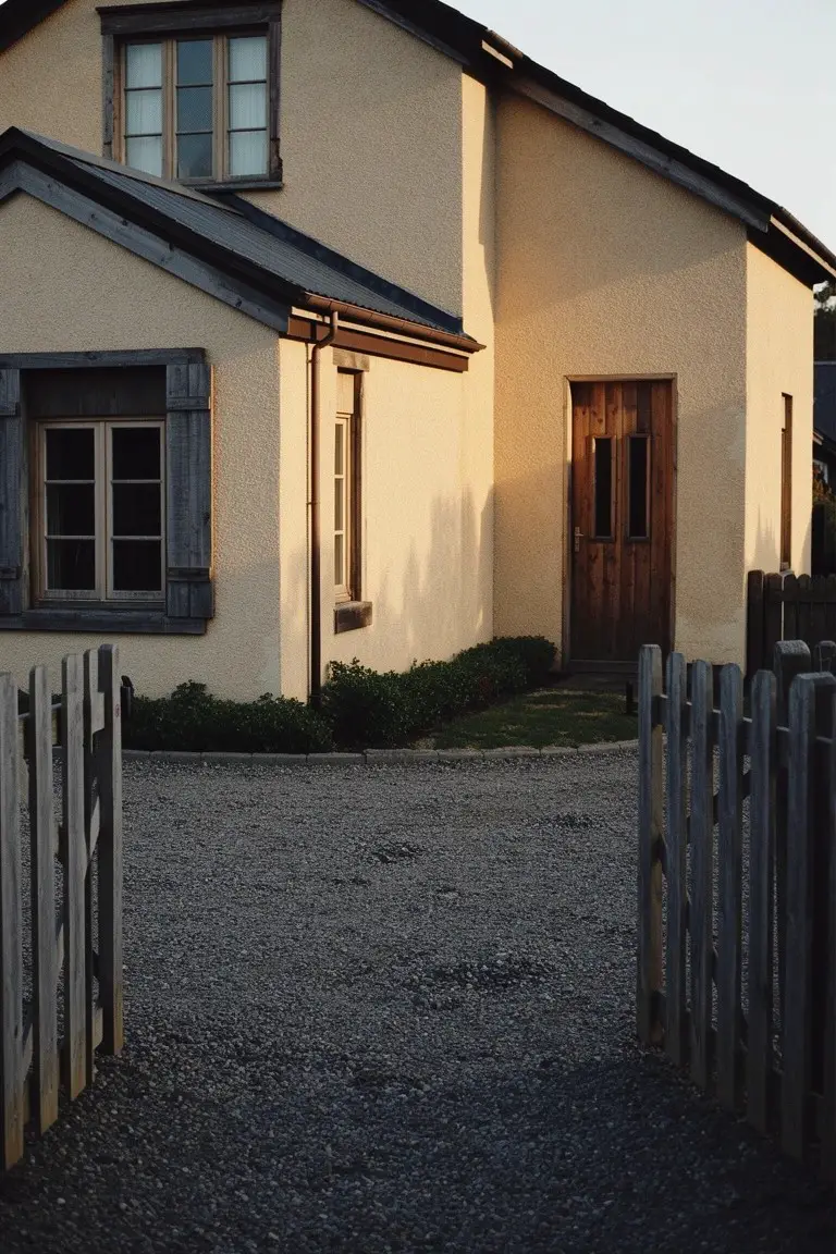Warm beige stucco house exterior with wooden door, shutters, and gravel entry at dusk