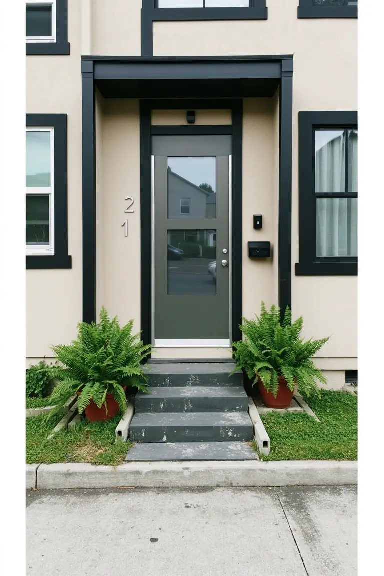 Warm beige house exterior with black-framed glass door, matching windows, potted ferns on steps, and subtle siding texture