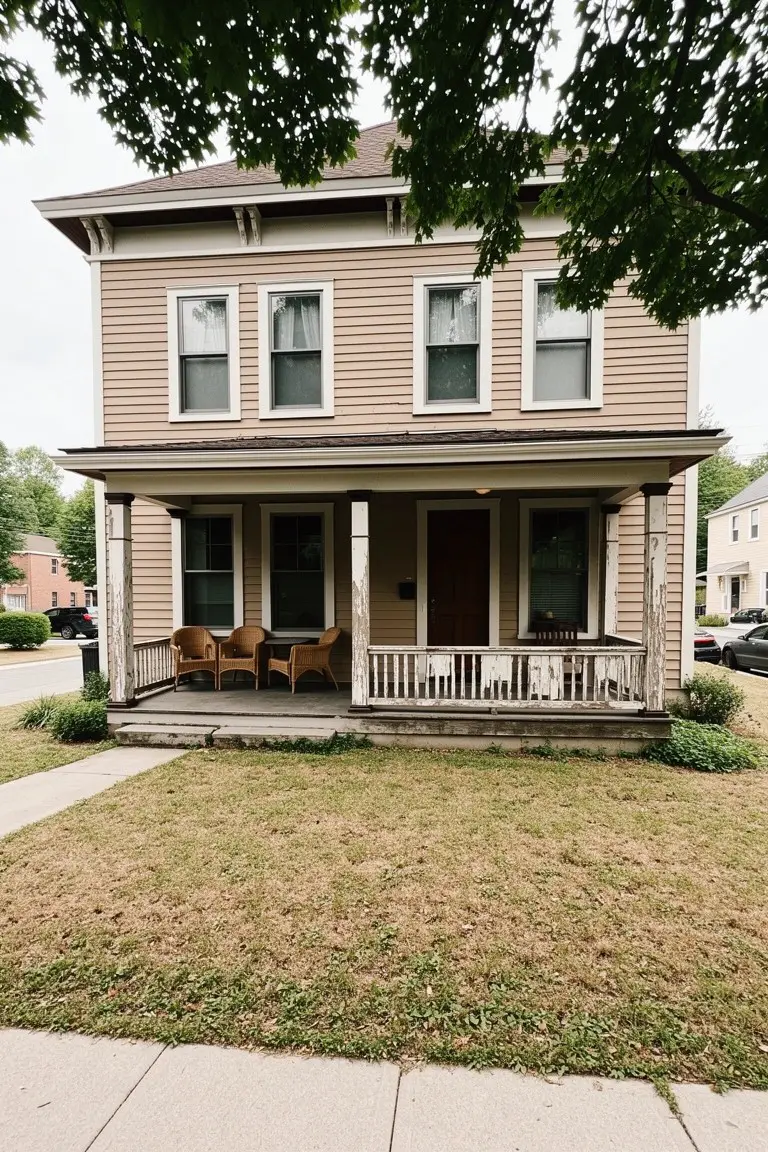 Two-story house with warm beige siding, covered front porch, wicker chairs, and wood accents under leafy trees