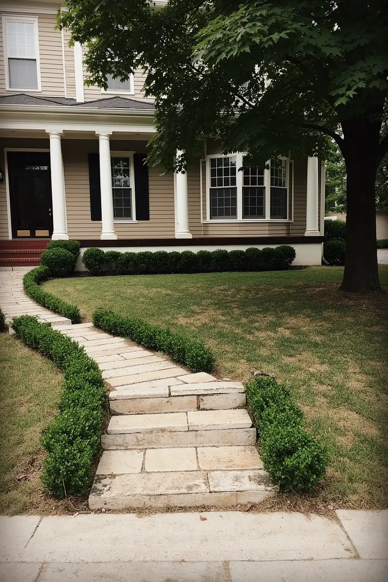 Warm beige house with white columns, stone steps, and curved path edged by low shrubs