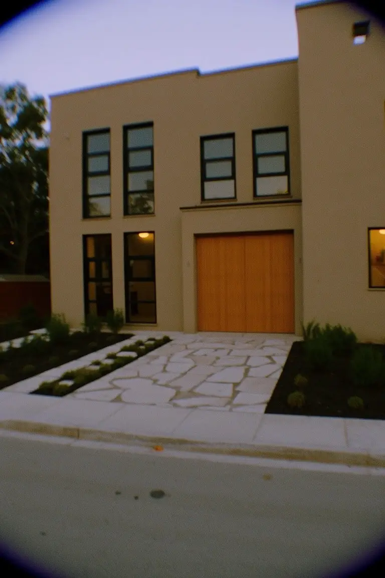 Modern two-story house with warm beige siding, wooden garage door, large windows, and stone paver driveway