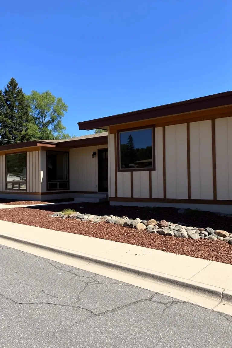 House exterior with light warm beige board-and-batten siding, brown wood trim, and stone landscaping