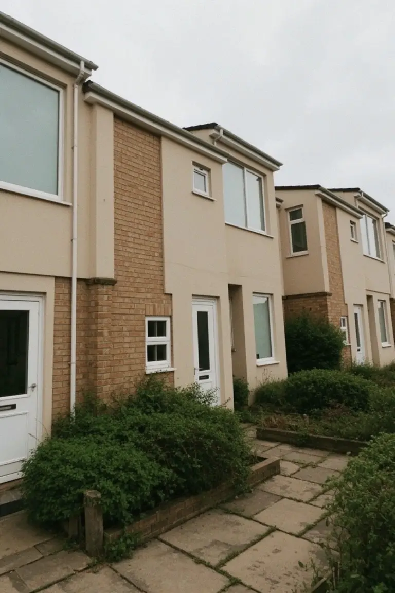 Warm beige painted townhouse exterior with brick accents, white trim, and simple path leading to the door
