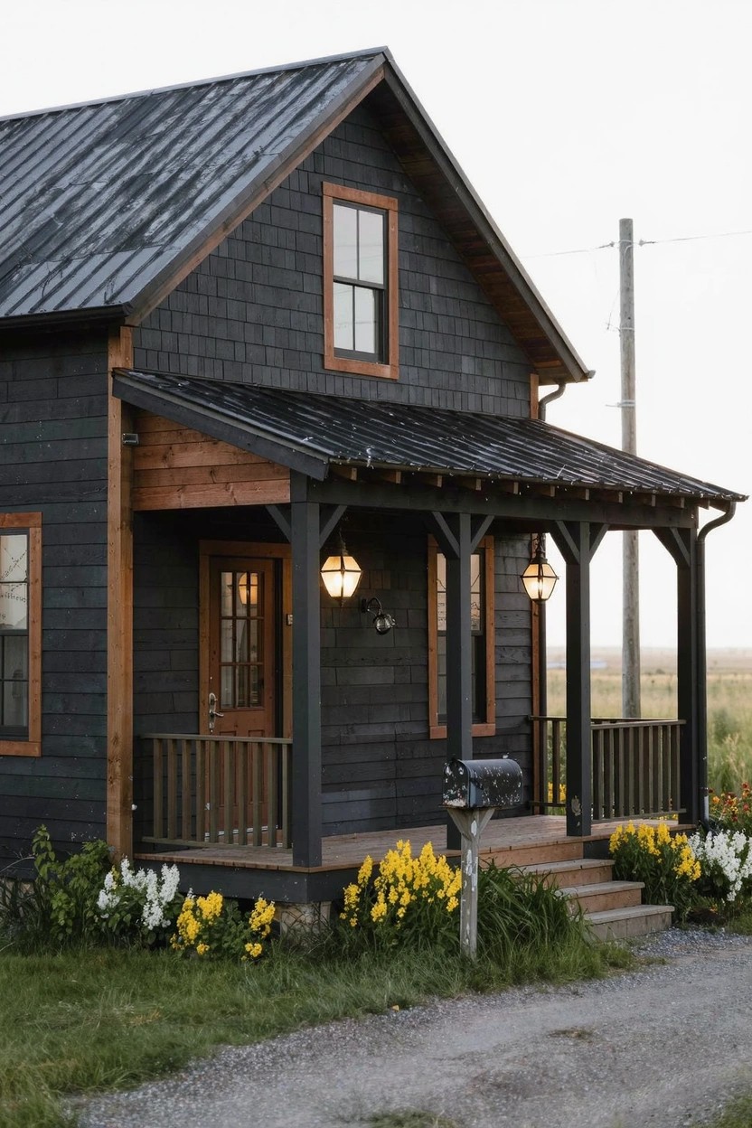 Modern farmhouse with deep charcoal gray shake siding, wood porch details, and front yard flowers