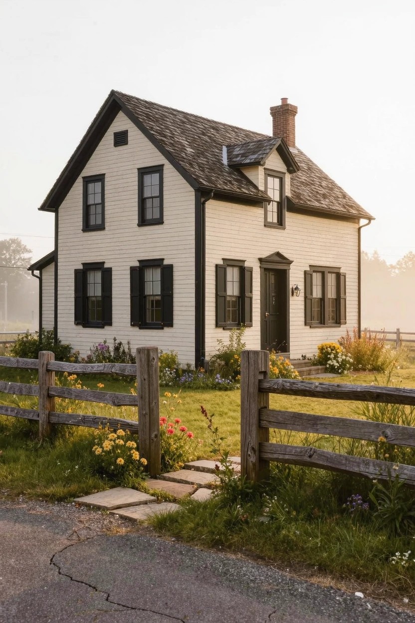 Cozy farmhouse exterior in creamy white paint with black trim shutters door and rustic wood fence