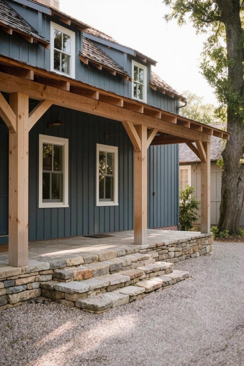 Modern farmhouse exterior in deep navy blue siding with exposed wood porch posts, white-framed windows, and stone entry steps under a tree