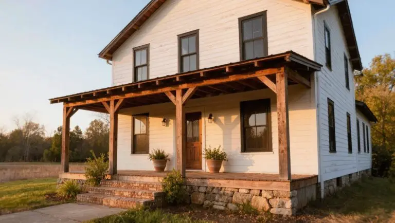 Crisp white painted modern farmhouse exterior with black trim, wood porch posts, and stone foundation