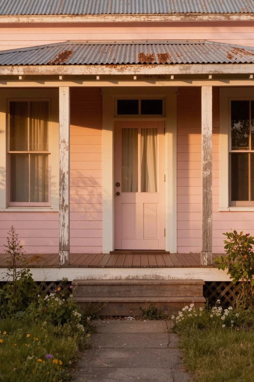 Faded blush pink farmhouse siding with white door, wooden porch, and rusted tin roof