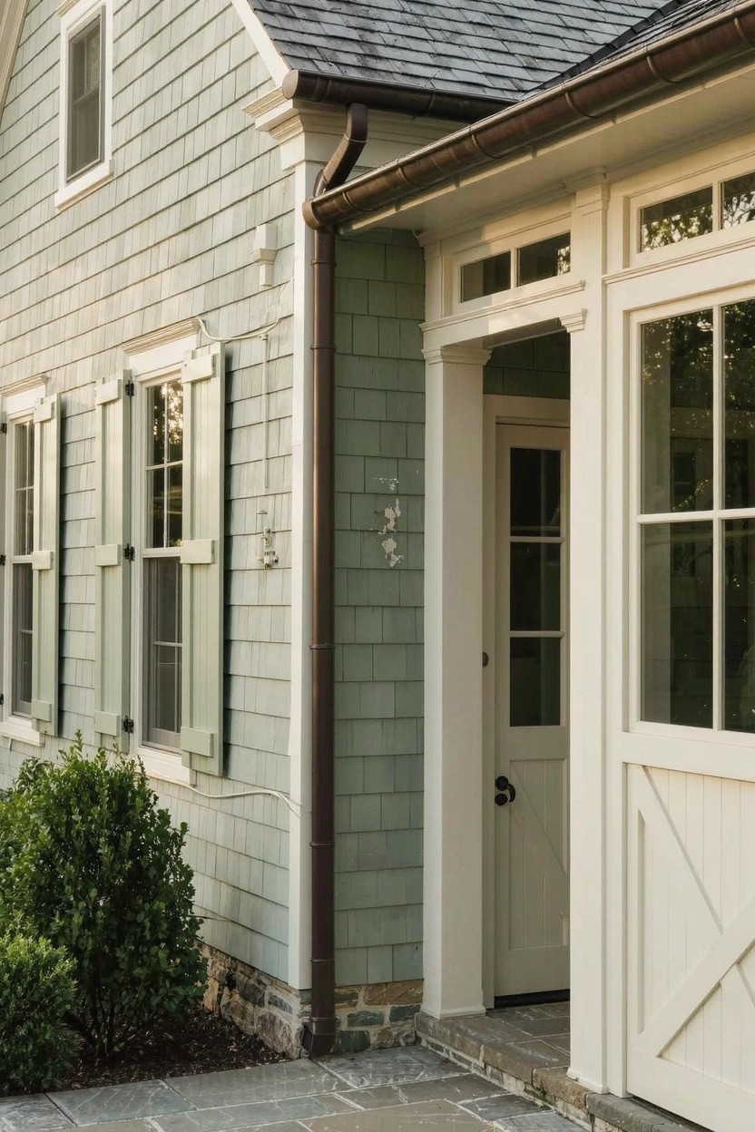 Modern farmhouse exterior side with soft sage green clapboard siding, white window trim, and paneled garage doors on a stone path