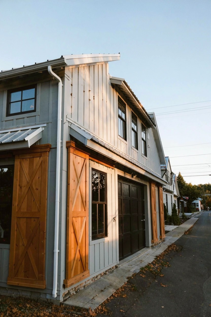 Modern farmhouse exterior with soft warm gray siding, wooden barn doors and shutters, black-framed windows, and a metal roof along a quiet street