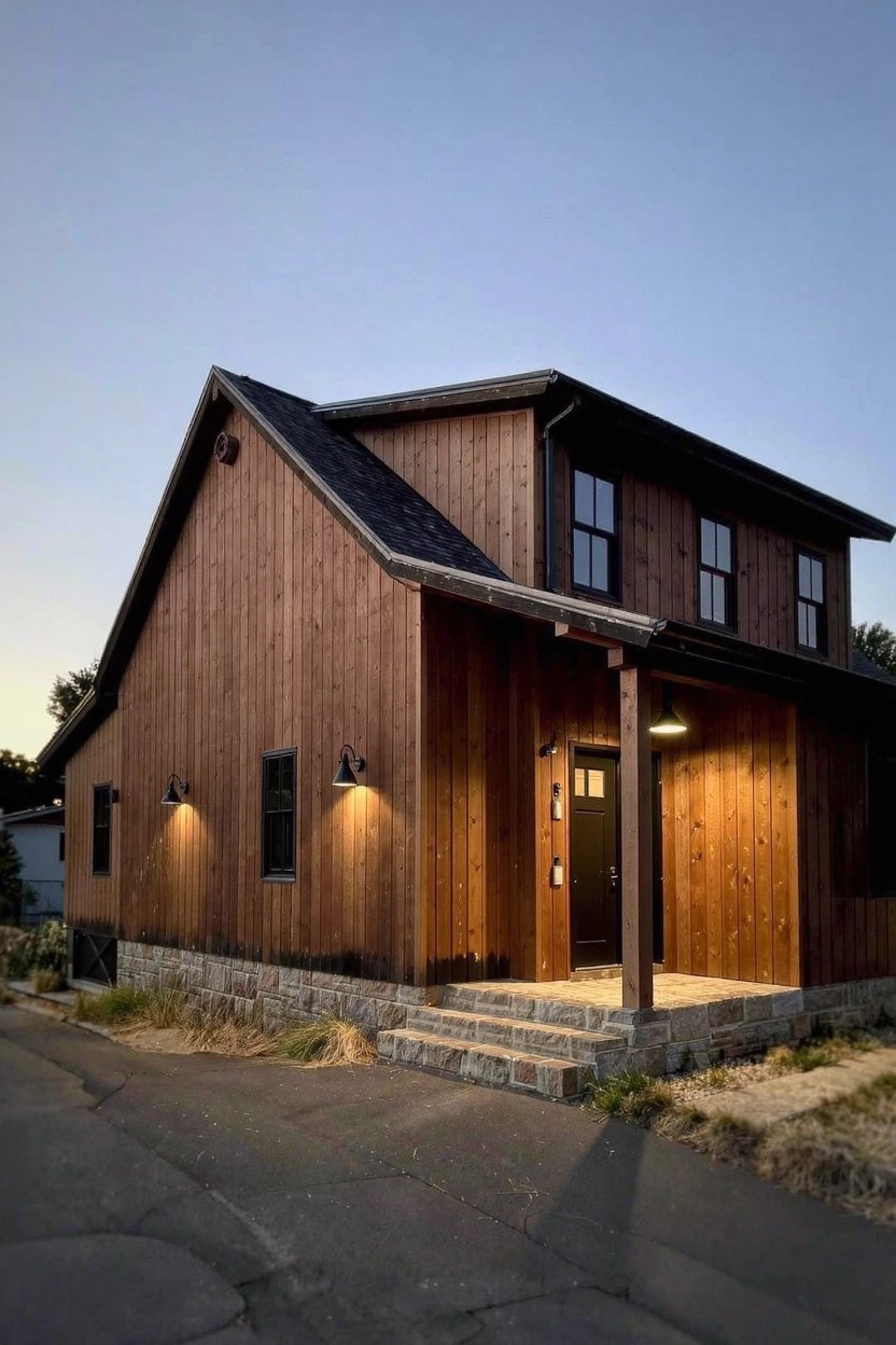 Modern farmhouse exterior with warm cedar brown wood siding, black windows and door, covered porch, and stone foundation
