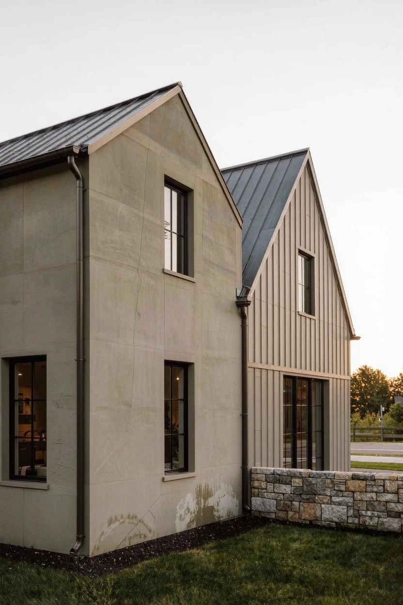 Modern farmhouse house exterior in soft warm greige with metal roof, board-and-batten siding, and stone base