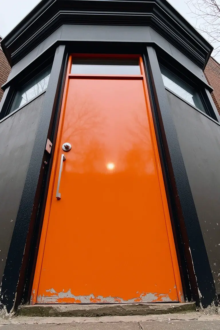 Vibrant glossy orange front door with black metal framing and subtle brick surroundings