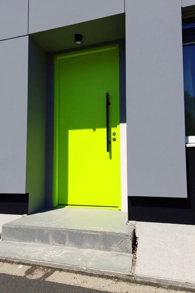 Vibrant lime green front door creating high contrast against modern gray siding and black hardware