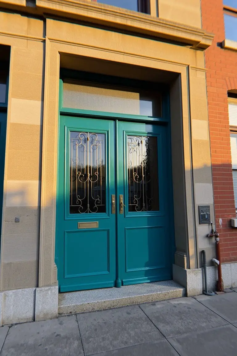 Bright turquoise teal double front doors with iron grilles set in a sandstone archway
