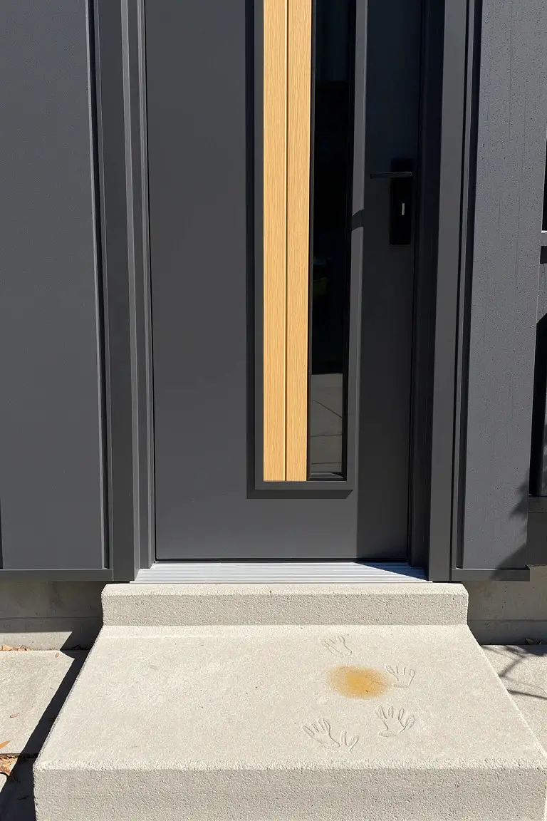 Modern matte dark gray front door with vertical wood strip beside concrete step