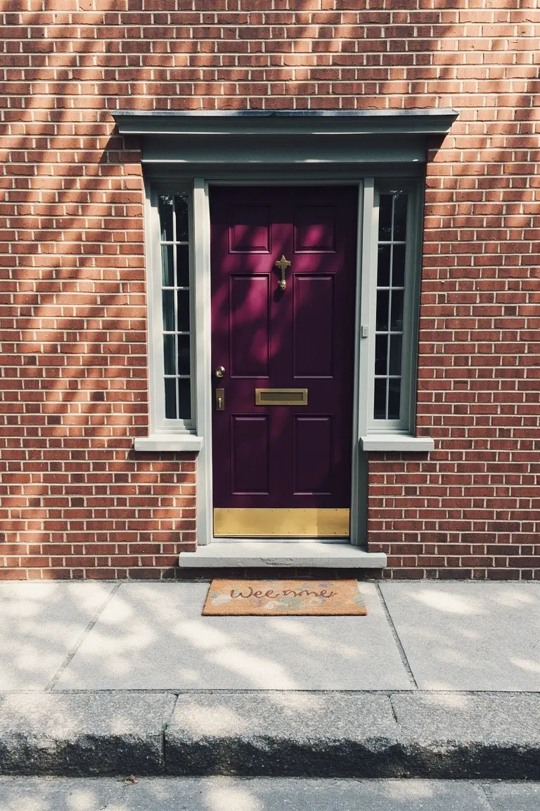 Deep purple front door with gold hardware on a brick house flanked by sidelights