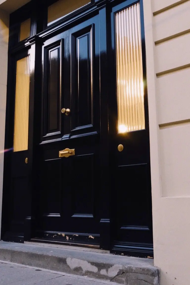 Glossy black painted front door with vertical glass panels and gold hardware on a light building facade