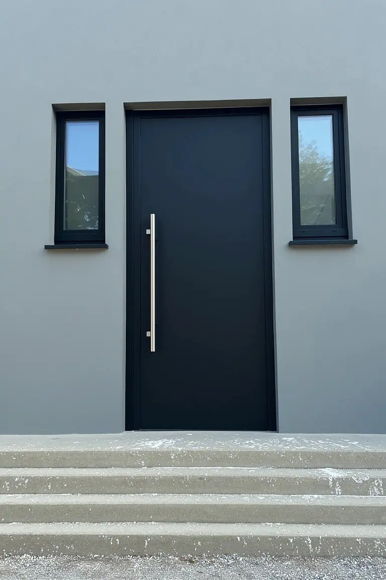 Matte black front door with vertical silver handle centered on light gray stucco wall flanked by black-framed windows