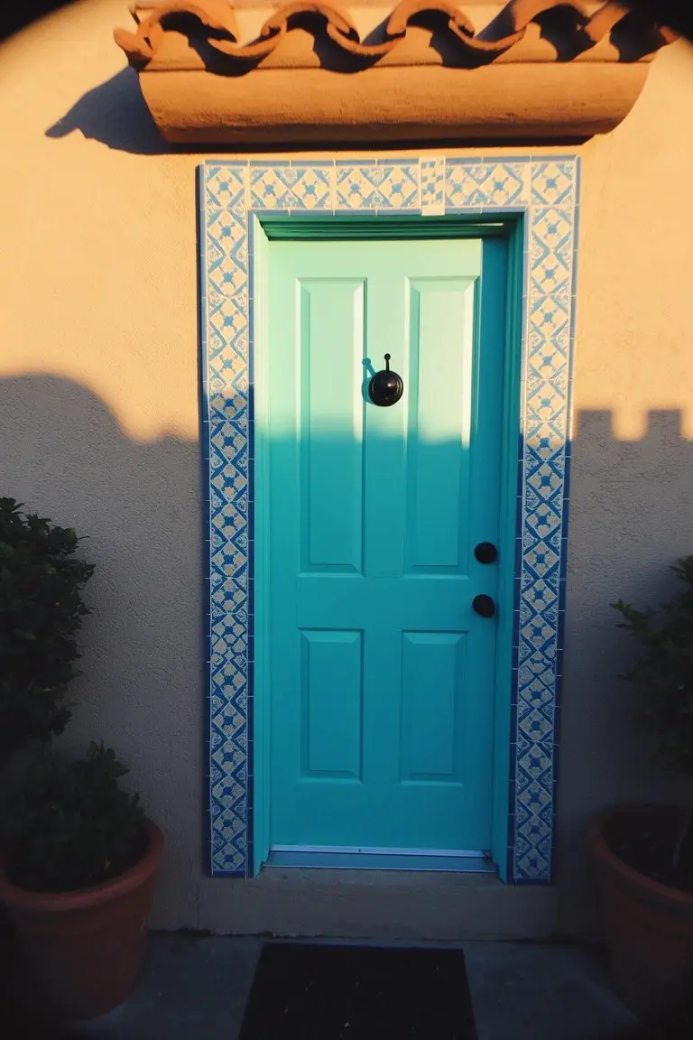 Bright turquoise front door with blue mosaic tile borders on beige stucco wall, potted plants on each side