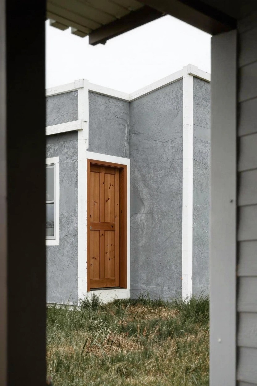 Modern stucco home exterior painted cool gray with white corner trim, wooden door, and window in a grassy yard