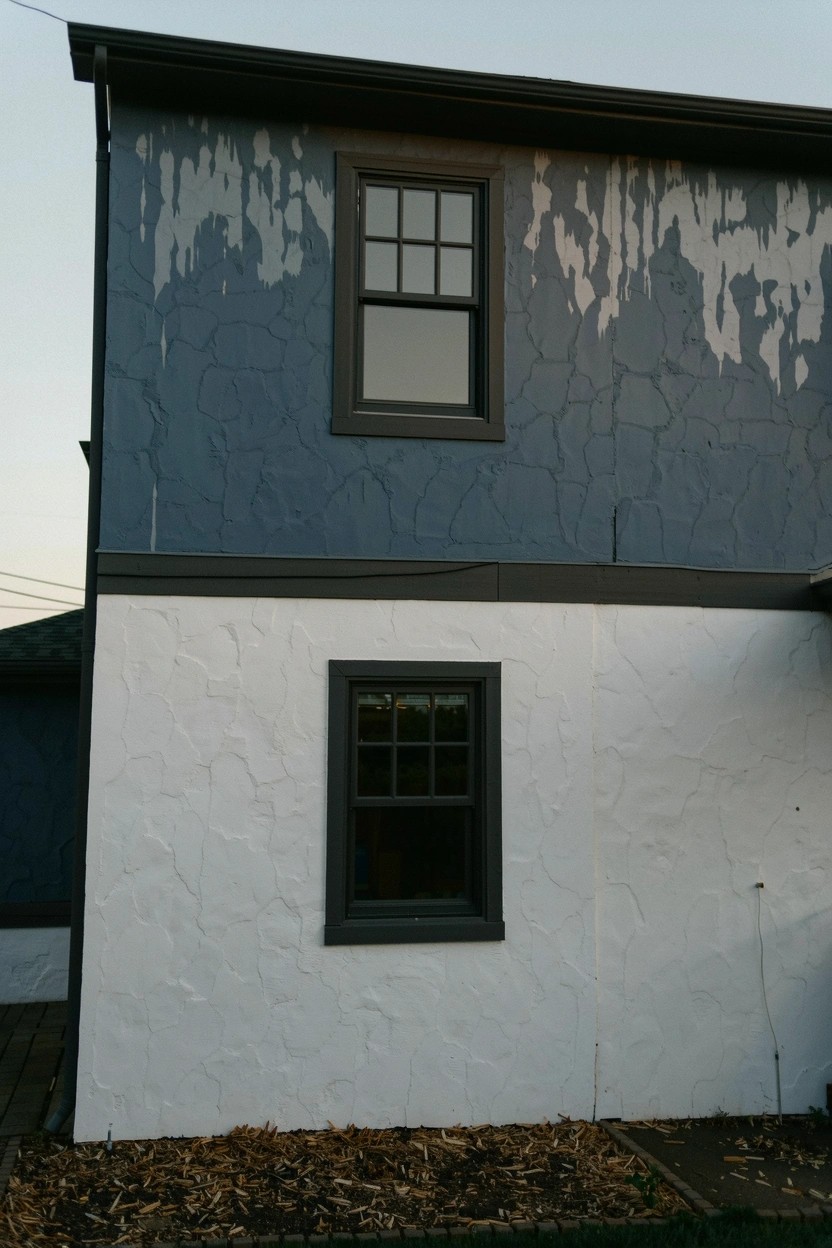 Two-tone house exterior featuring deep blue painted siding on the upper level over white stucco base with black window frames