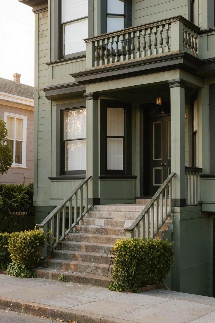 Muted sage green Victorian house exterior with dark trim, stone steps, and potted plants