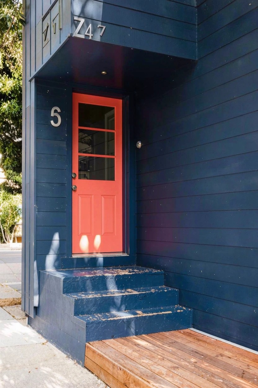 Modern home with deep navy blue siding, red front door, and wood steps