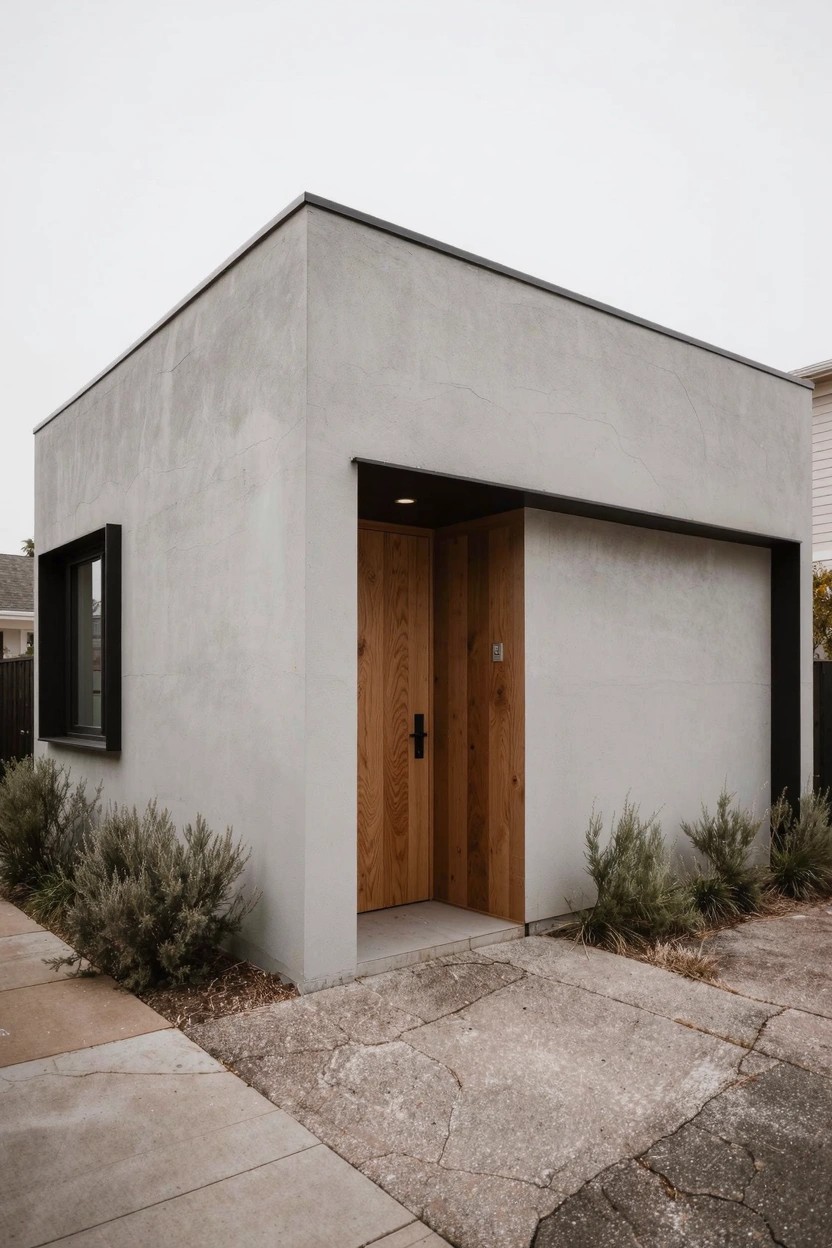 Modern cubic home with soft neutral light gray stucco walls, wooden entry door, and black window frame