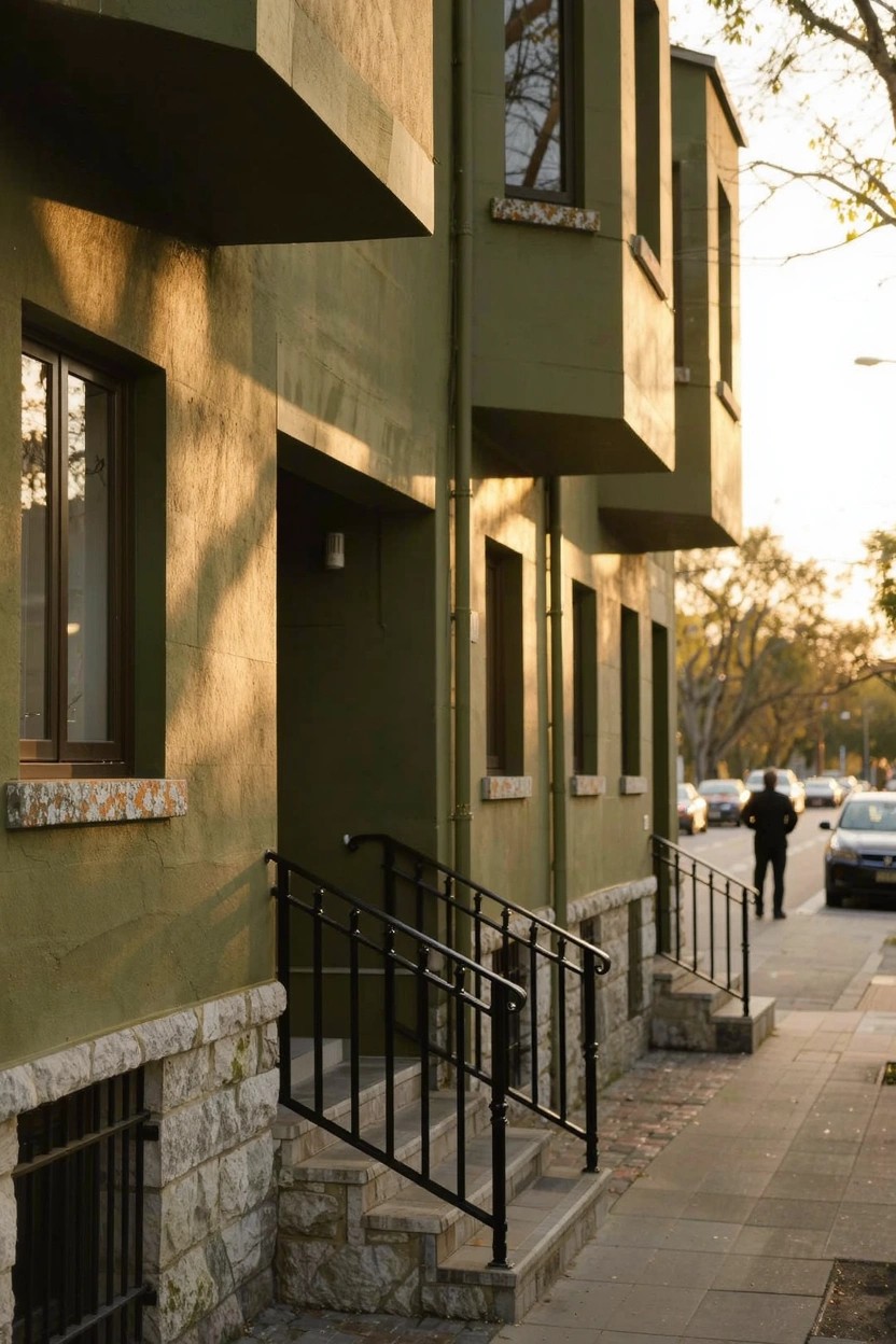 Muted sage green painted exterior of a modern multi-unit home with black metal stairs, stone foundation, and warm evening light