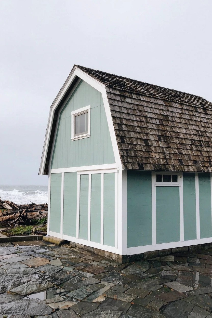 Light blue-green painted shed with white trim and shingled roof on a stone patio near the ocean