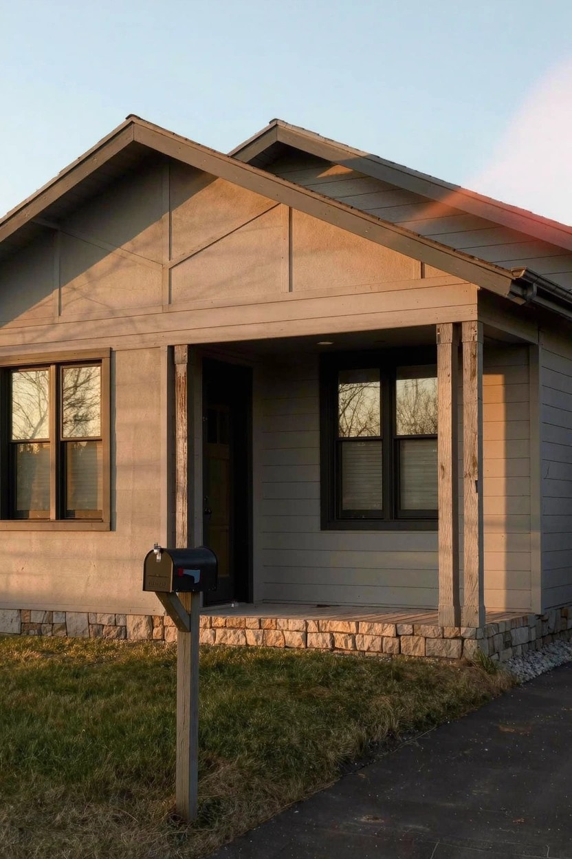 Modern single-story home with warm greige siding, black mailbox, stone foundation, and covered front porch