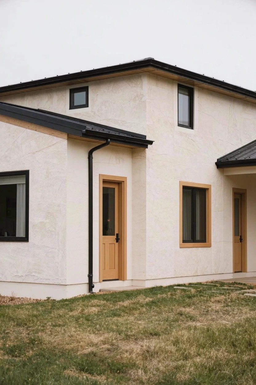 Modern stucco home exterior painted in light warm greige with black window frames and wood door