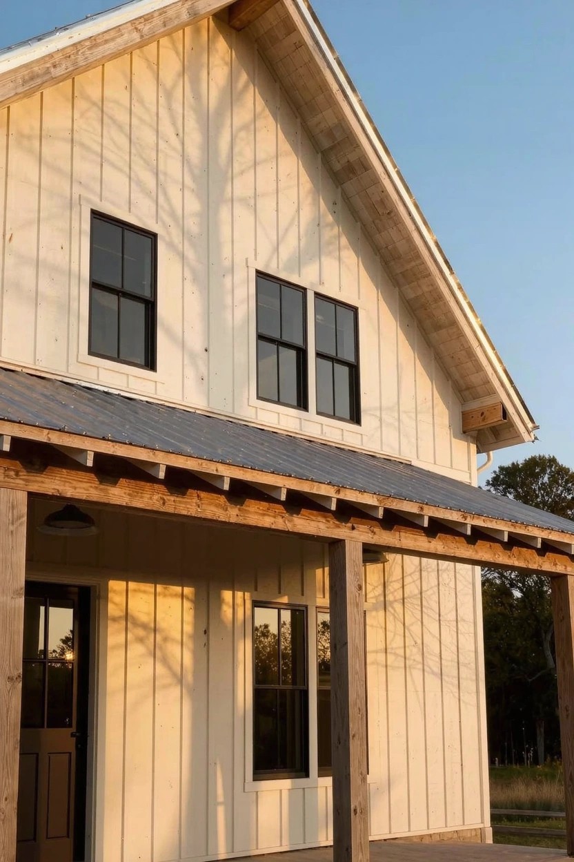 Barn-style home exterior painted in warm off-white with black windows, wooden porch posts, and metal roof