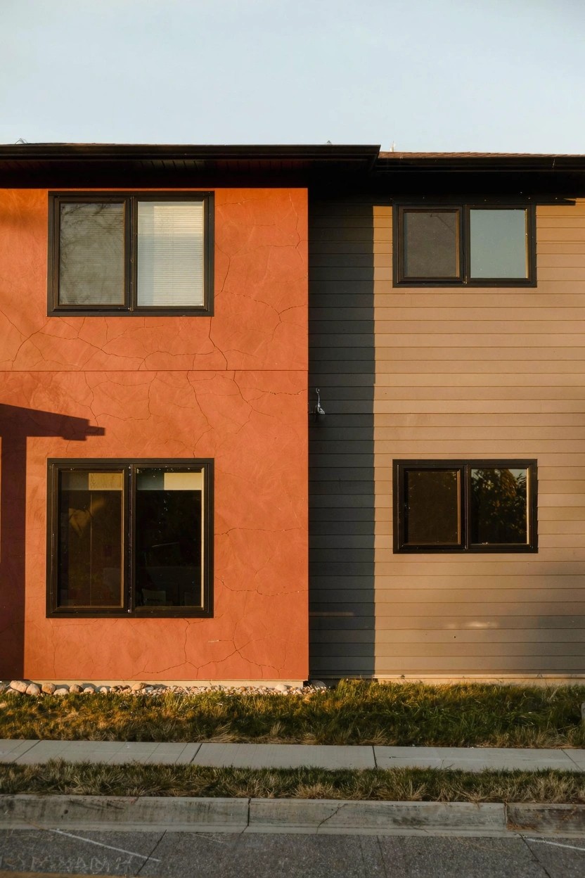 Modern duplex exterior with warm terracotta stucco on one side and light gray siding on the other