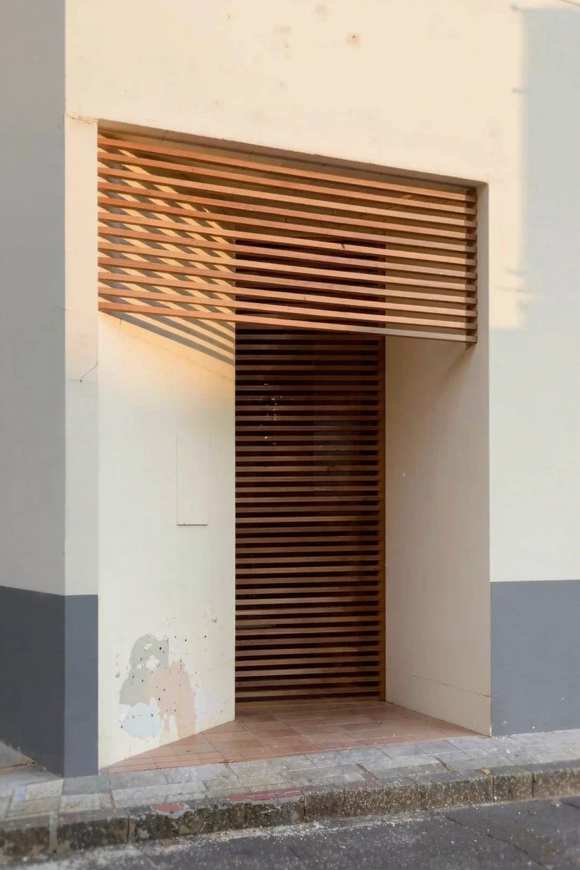 Modern home exterior with warm white stucco walls framing slatted wood door and entry