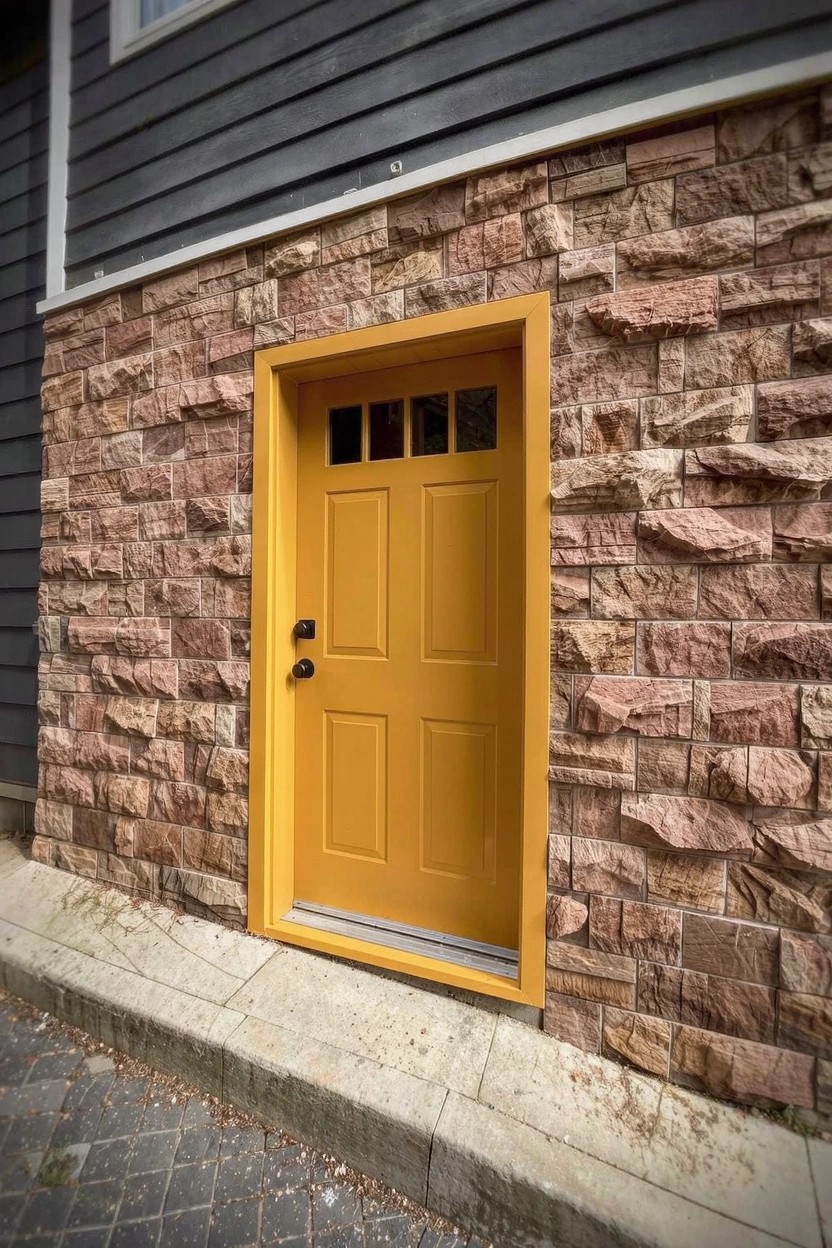 Warm yellow front door framed by textured stone wall and gray siding
