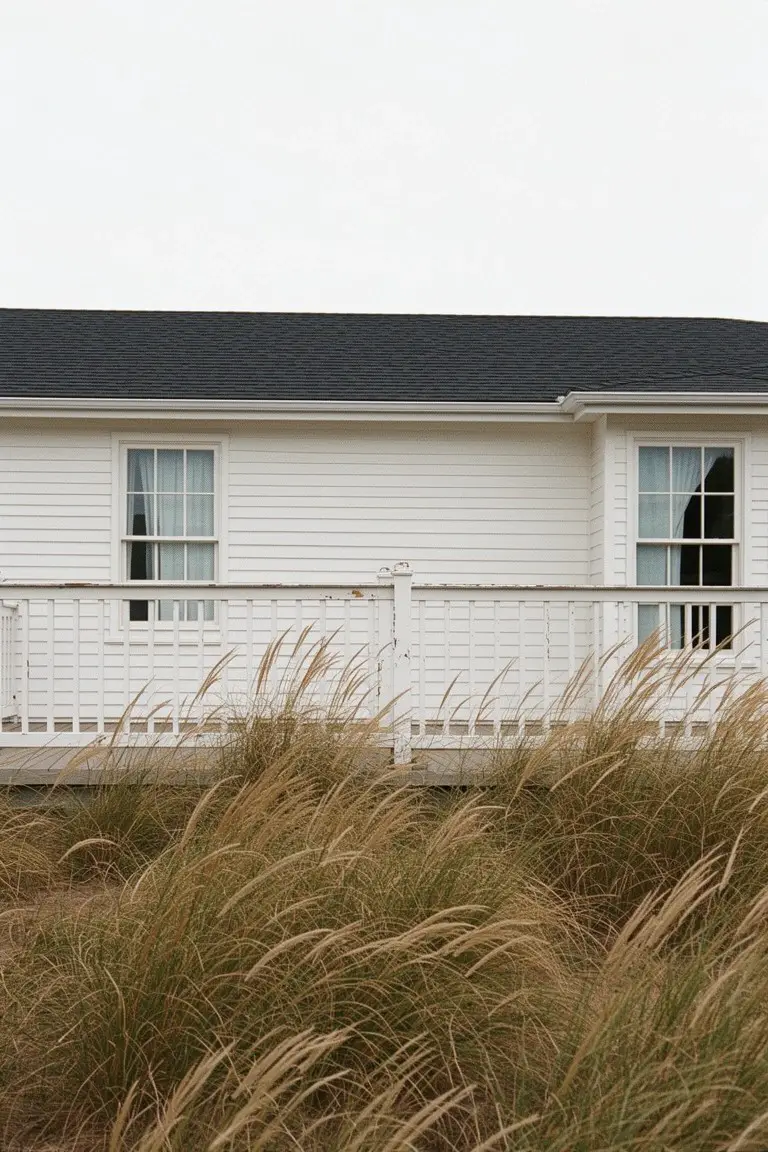 Crisp white house exterior with black roof, white railing, and tall beach grasses in front