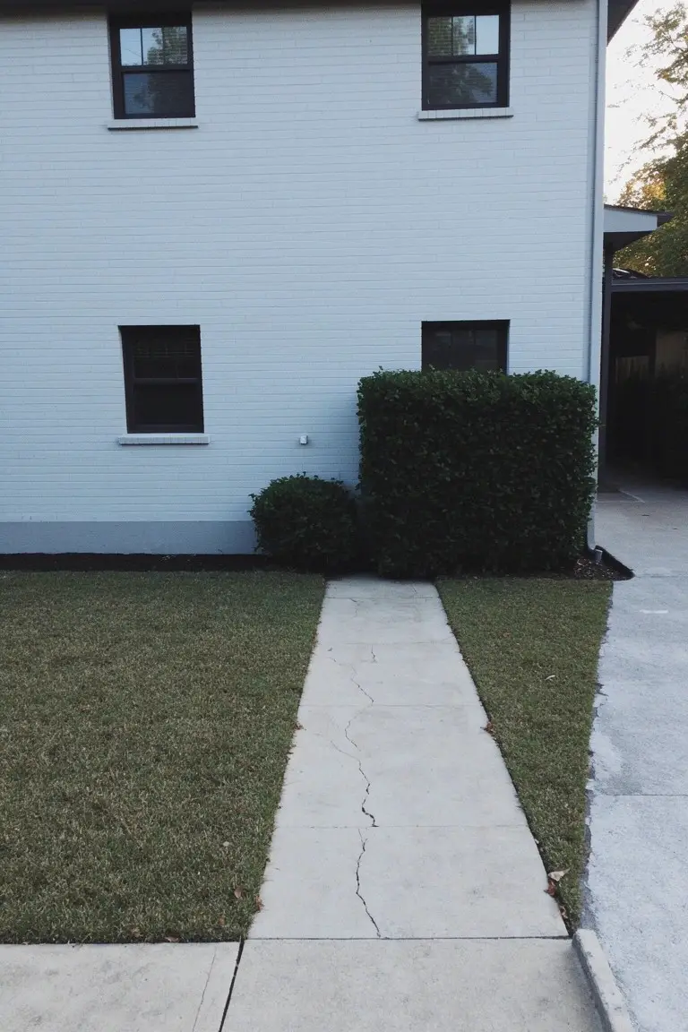 Pale cool white house siding with concrete walkway and green hedges