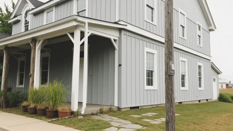 Light cool gray board-and-batten siding on a farmhouse-style house with white trim, wood porch posts, and a stone walkway edged in grasses