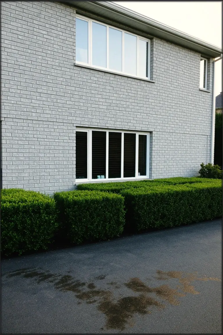 Light gray brick house exterior with white-framed windows, trimmed green hedges, and dark driveway