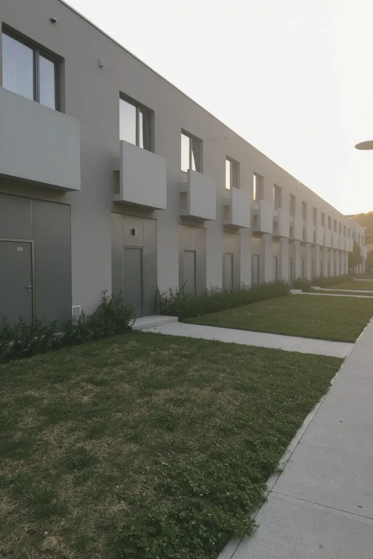 Modern multi-unit building exterior painted in light cool gray with white-trimmed balconies and ground-level greenery