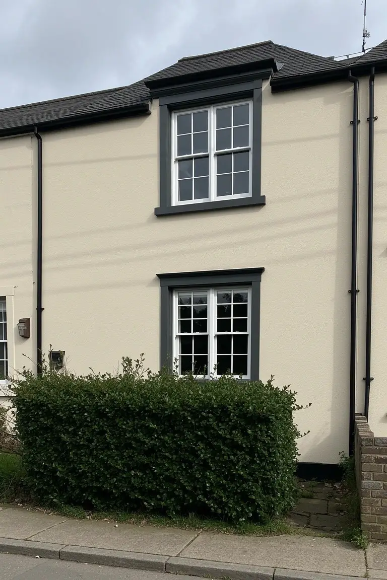Pale beige terraced house exterior with black window frames and downpipes, hedges in front