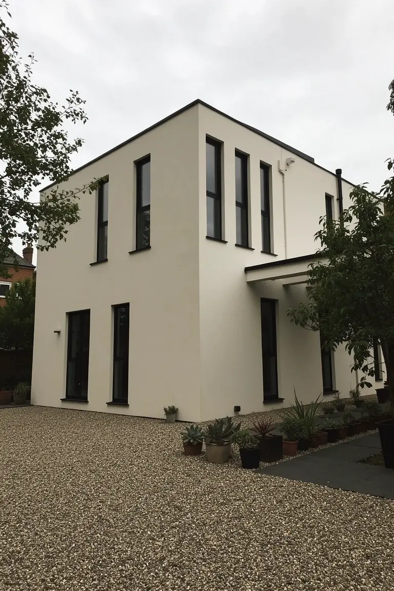 Modern boxy house in soft off-white with black-framed windows, gravel driveway, and potted succulents