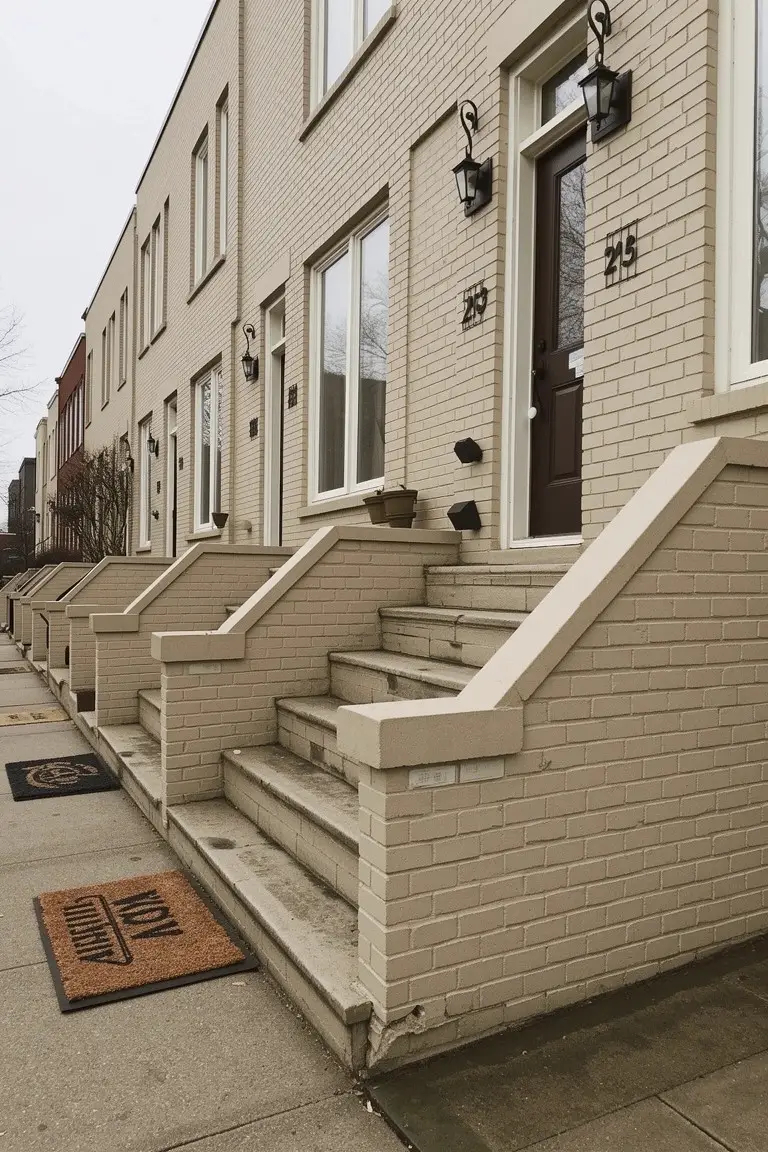 Row of attached beige brick townhouses with light steps, white window trim, and front door lanterns