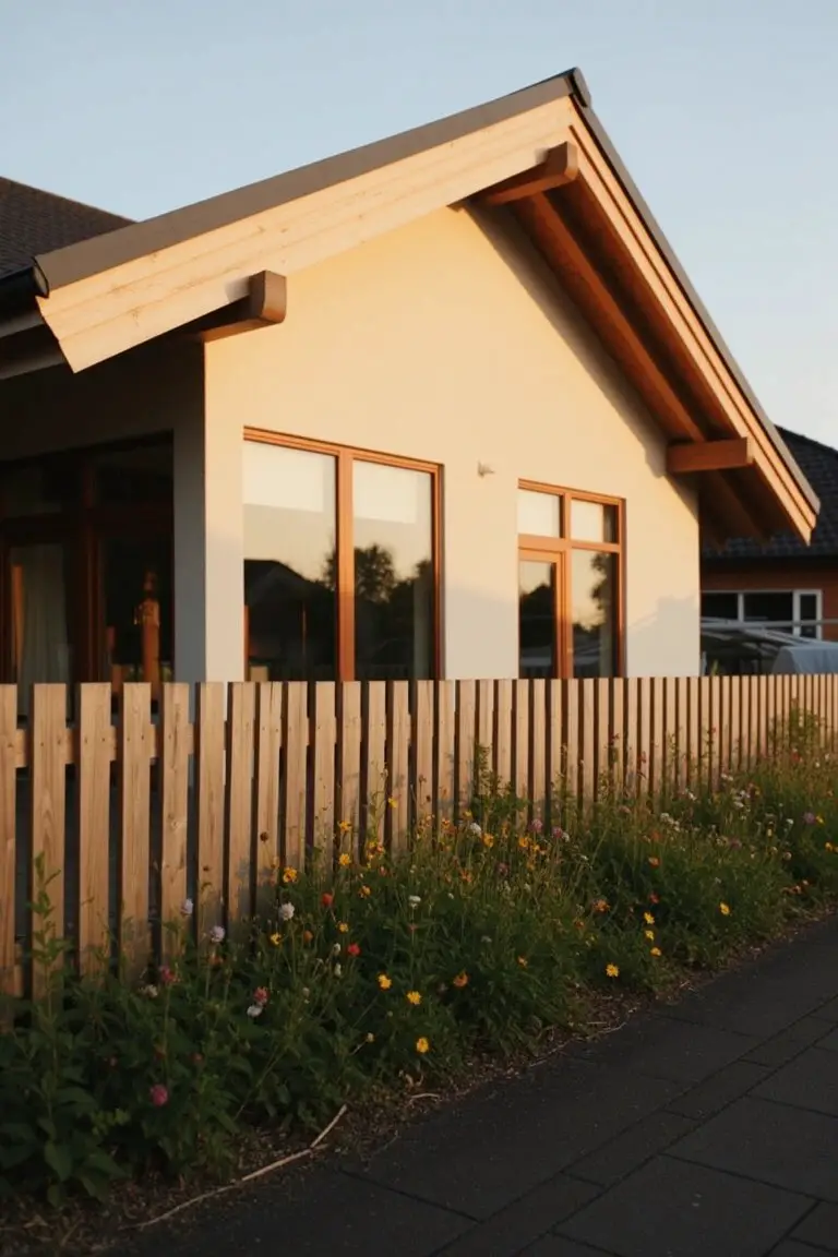 House exterior painted in soft warm beige with dark wood trim, large windows, picket fence, and flower garden along the side path