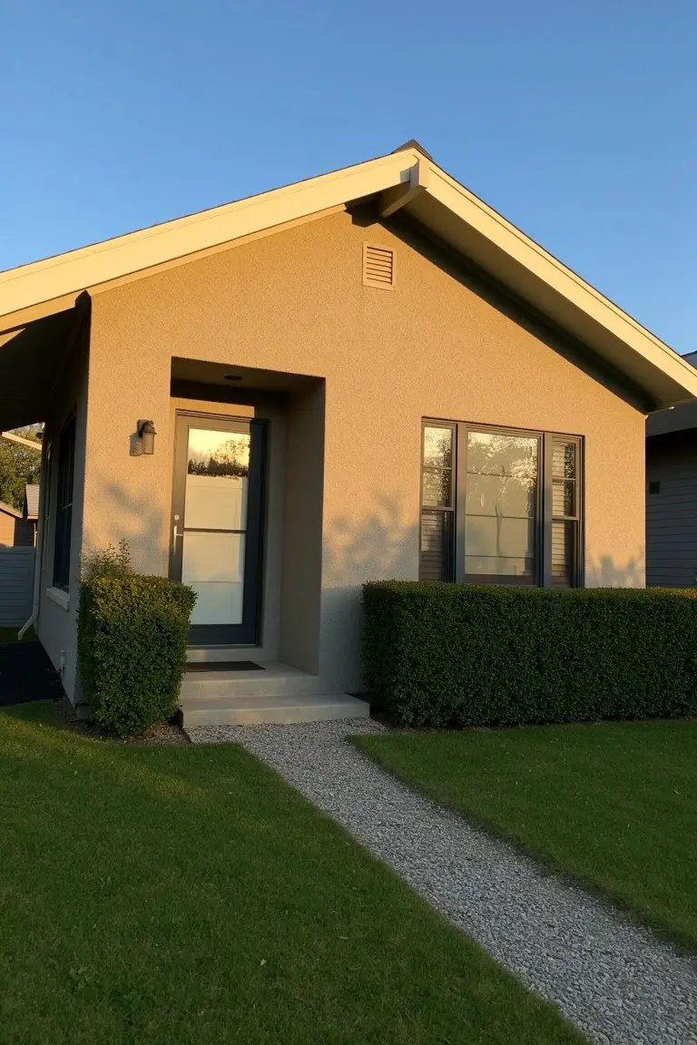 Warm beige house siding with hedges, gravel path, and simple landscaping