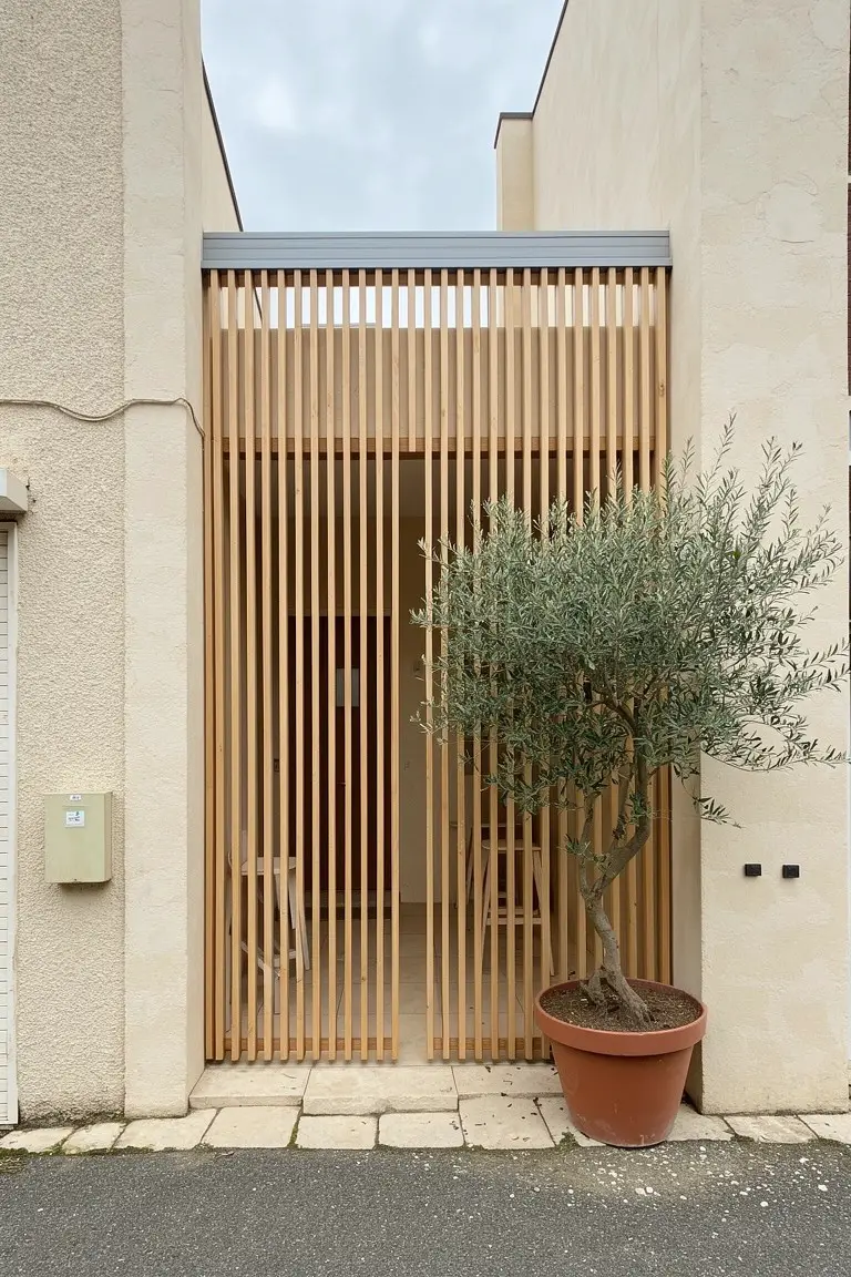 Modern house exterior in warm beige stucco with vertical wood slats as entry screen and potted olive tree beside the door